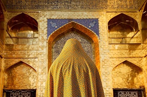 Golden iwan of Enghelab Eslami Courtyard, oldest surviving structure at Imam Reza Shrine