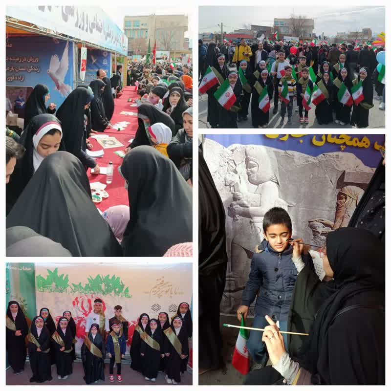 ایجاد حال و هوای امام رضایی توسط قران آموزان اراک در راهپیمایی یوم‌ الله ۲۲ بهمن