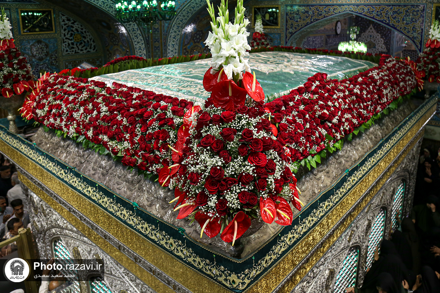 گل‌آرایی ضریح مطهر رضوی در آستانه ولادت امام رضا(علیه‌السلام)