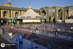 تزیین سفره‌های افطاری و محافل قرآنی حرم مطهر رضوی با ۱۰۰۰ گلدان گل