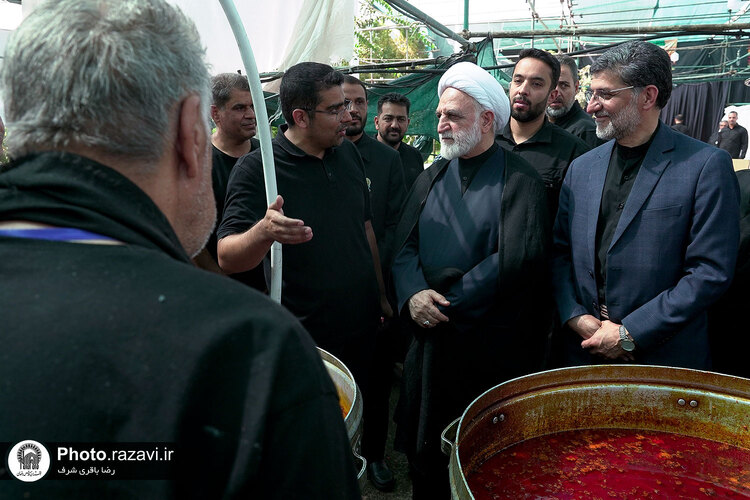 حضور رئیس قوه قضائیه در مواکب اطراف حرم مطهر رضوی