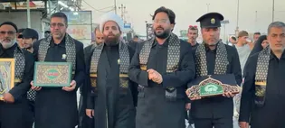 استقبال خادمان مواکب حسینی از خدام رضوی در مسیر پیاده روی اربعین حسینی