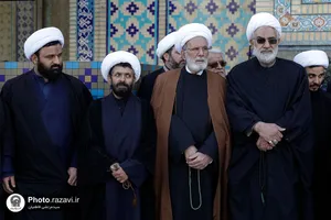 مراسم تشییع پیکر همسر مکرمه آیت الله وحید خراسانی در حرم مطهر رضوی
